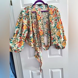 Shein curve, blue orange yellow floral tie up, long bell sleeve, crop top